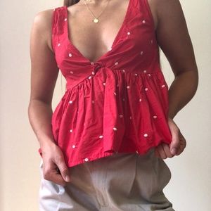 Red/white polka dot deep v top
